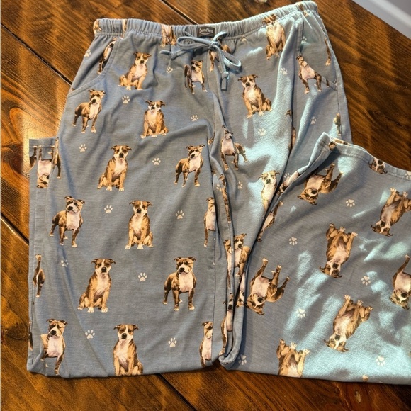 🐾🦴Comfies Pajama Pants Pittie Pup Dog Drawstring Lounge Pants Blue - Medium - Picture 1 of 9